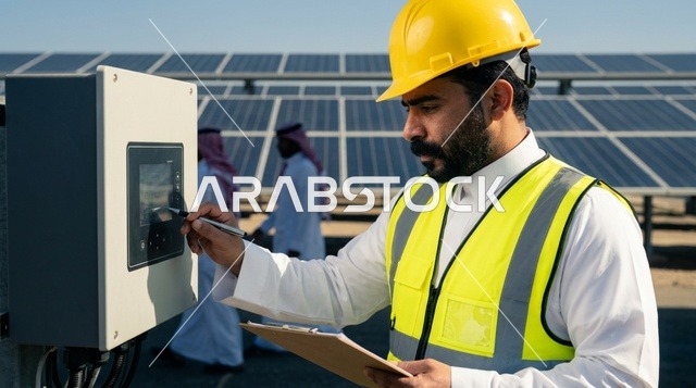 Arab Engineer at Solar Panel Station in Saudi Arabia