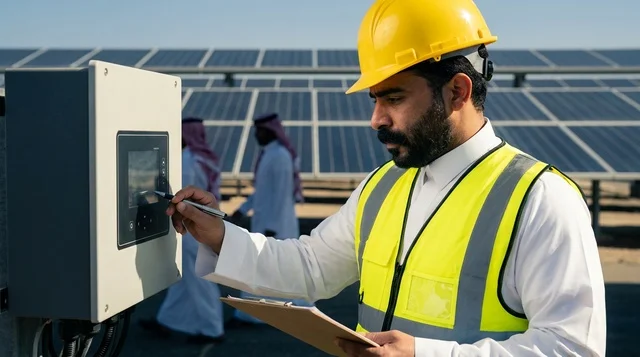 Arab Engineer at Solar Panel Station in Saudi Arabia