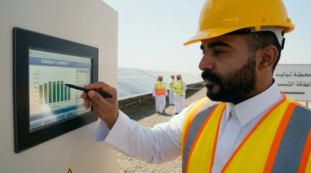 مهندس سعودي يتابع إنتاج محطة ألواح الطاقة الشمسية