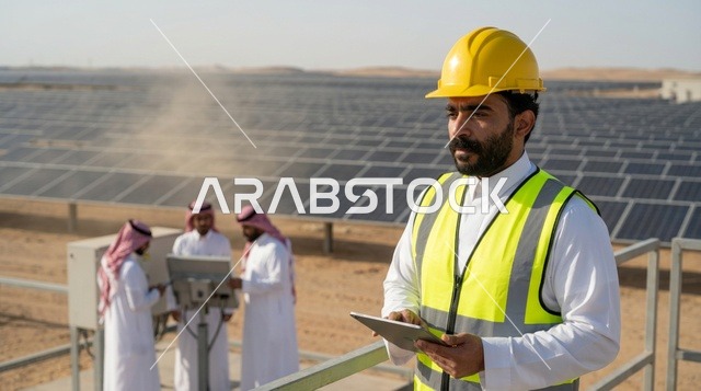 مهندس سعودي يعمل في محطة ألواح الطاقة الشمسية بالصحراء