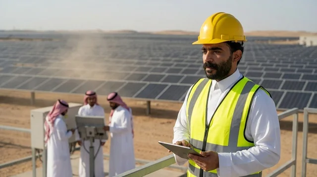 مهندس سعودي يعمل في محطة ألواح الطاقة الشمسية بالصحراء