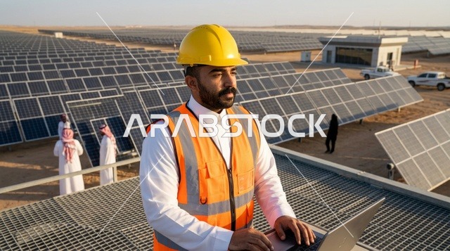 Saudi Engineer Working at Desert Solar Power Plant