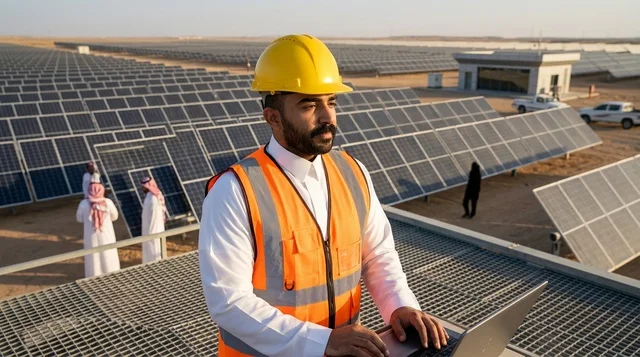 Saudi Engineer Working at Desert Solar Power Plant