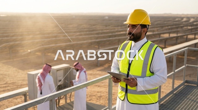 Saudi Engineer with Tablet at Solar Panel Power Plant
