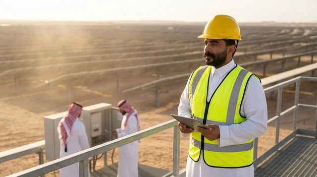 Saudi Engineer with Tablet at Solar Panel Power Plant