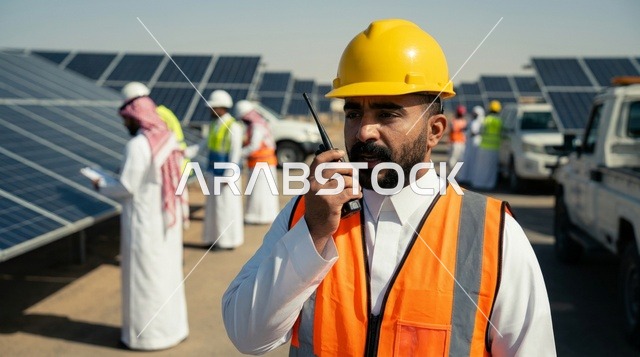 Arab Engineer at Solar Power Plant with Walkie Talkie