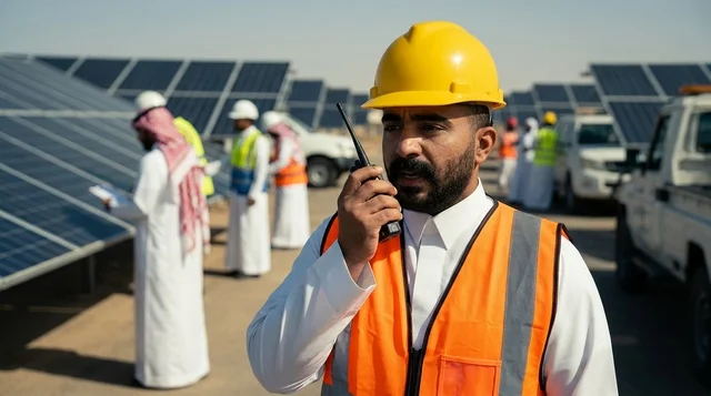 Arab Engineer at Solar Power Plant with Walkie Talkie