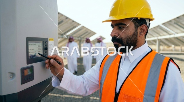 مهندس سعودي يشغل لوحة تحكم ألواح الطاقة الشمسية بالخارج