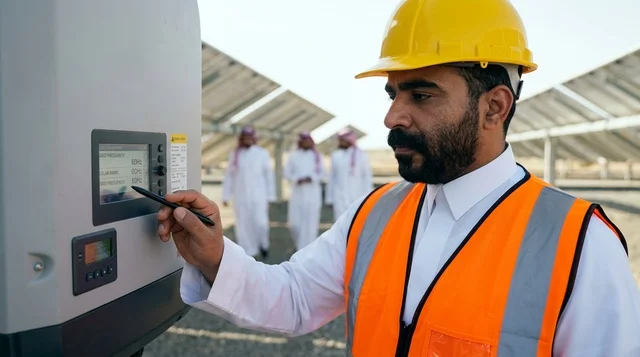 مهندس سعودي يشغل لوحة تحكم ألواح الطاقة الشمسية بالخارج