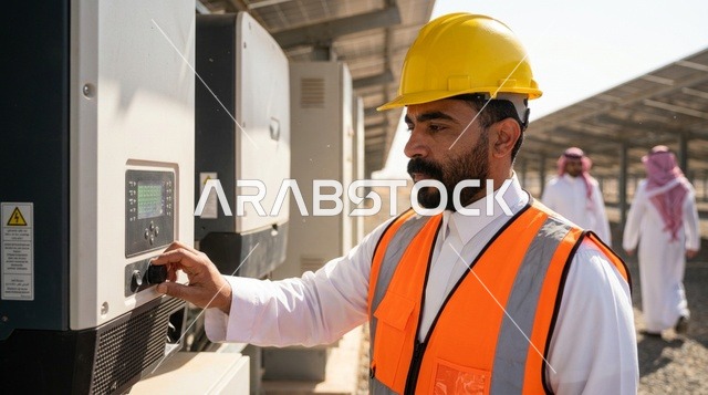مهندس سعودي يشغل عاكس محطة الطاقة الشمسية بالنهار