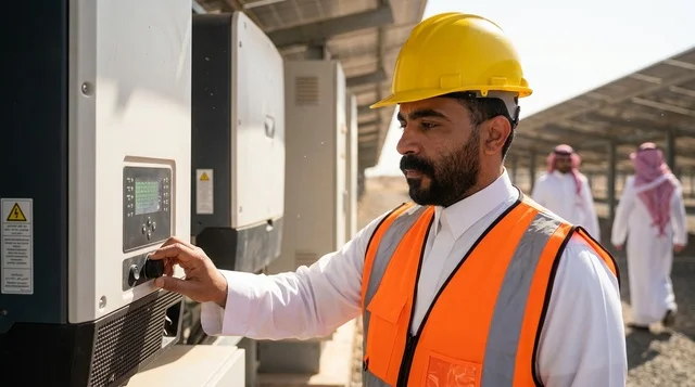 مهندس سعودي يشغل عاكس محطة الطاقة الشمسية بالنهار
