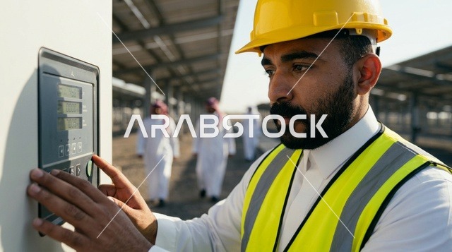 مهندس سعودي يشغل لوحة تحكم ألواح الطاقة الشمسية