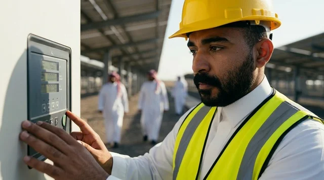 مهندس سعودي يشغل لوحة تحكم ألواح الطاقة الشمسية