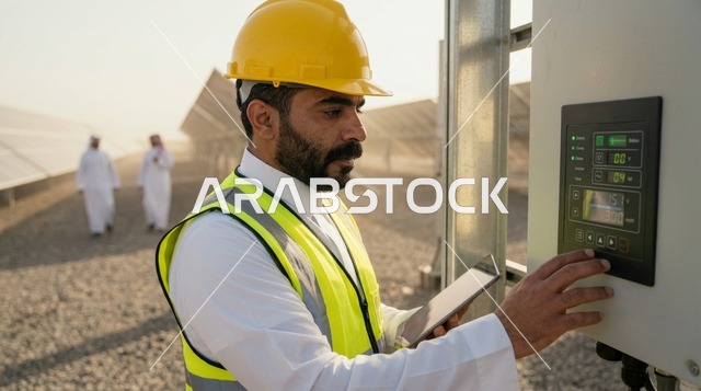 مهندس عربي يشغل لوحة تحكم محطة ألواح الطاقة الشمسية