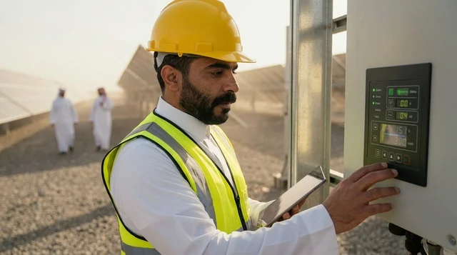 مهندس عربي يشغل لوحة تحكم محطة ألواح الطاقة الشمسية