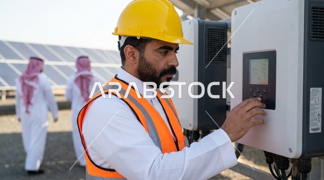 Saudi Engineer Operating Solar Inverter Panel Outdoors