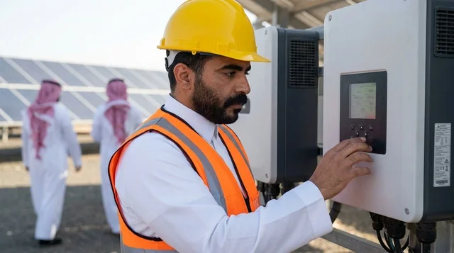 مهندس سعودي يشغل لوحة تحكم نظام الطاقة الشمسية بالخارج