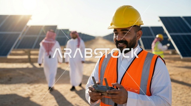 مهندس عربي مع جهاز تحكم بمشروع ألواح الطاقة الشمسية