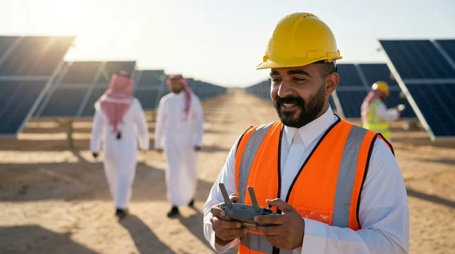 مهندس عربي مع جهاز تحكم بمشروع ألواح الطاقة الشمسية