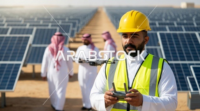 مهندس سعودي يطير طائرة درون في محطة طاقة شمسية