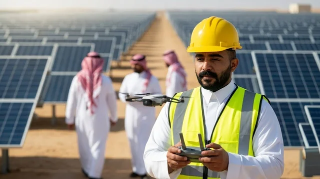 مهندس سعودي يطير طائرة درون في محطة طاقة شمسية