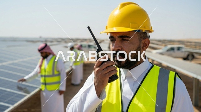 Saudi Engineer at Solar Panel Plant with Walkie Talkie
