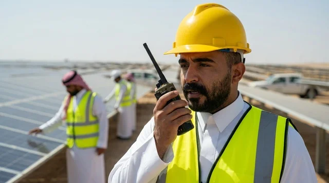 Saudi Engineer at Solar Panel Plant with Walkie Talkie