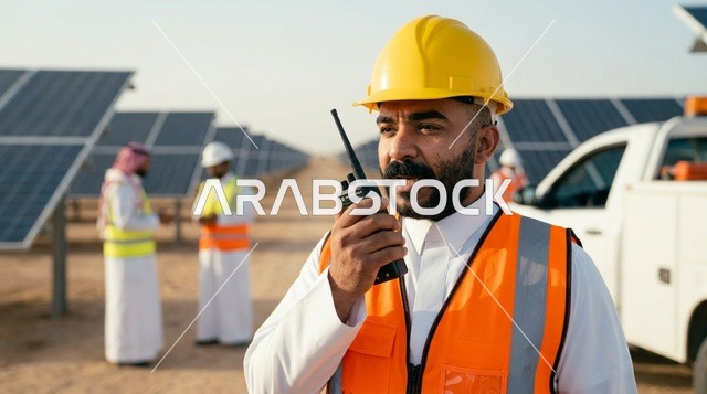 مهندس عربي يتحدث باللاسلكي في محطة الطاقة الشمسية