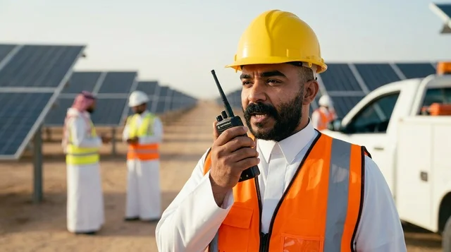 Arab Engineer with Walkie Talkie at Solar Power Plant