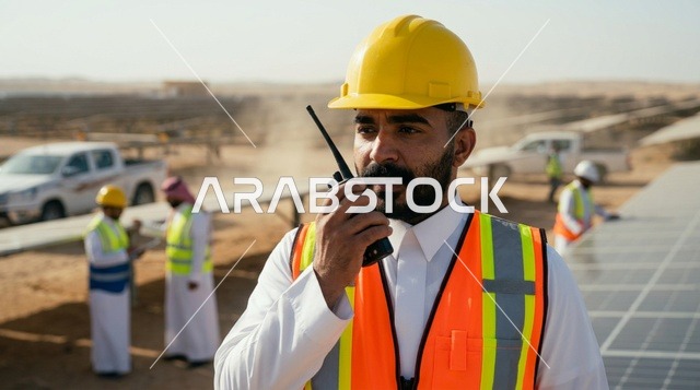 مهندس سعودي يتحدث باللاسلكي في محطة الطاقة الشمسية