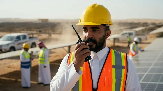 مهندس سعودي يتحدث باللاسلكي في محطة الطاقة الشمسية