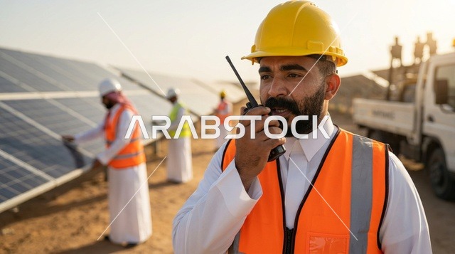 Arab Engineer at Solar Panel Station with Walkie Talkie