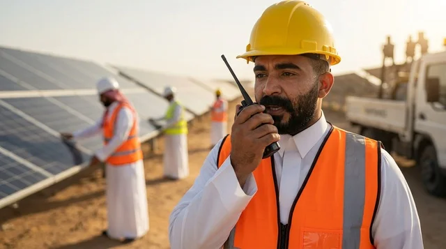 Arab Engineer at Solar Panel Station with Walkie Talkie