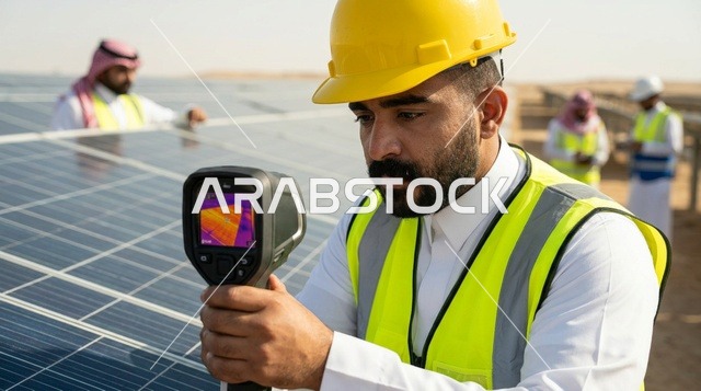 Saudi Engineer Inspecting Solar Panels with Thermal Camera