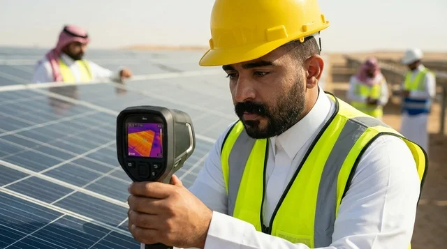 مهندس سعودي يفحص ألواح الطاقة الشمسية بكاميرا حرارية
