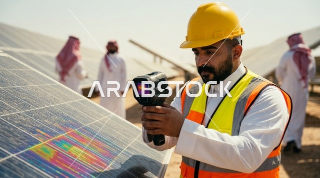 مهندس عربي يفحص ألواح الطاقة الشمسية بكاميرا حرارية