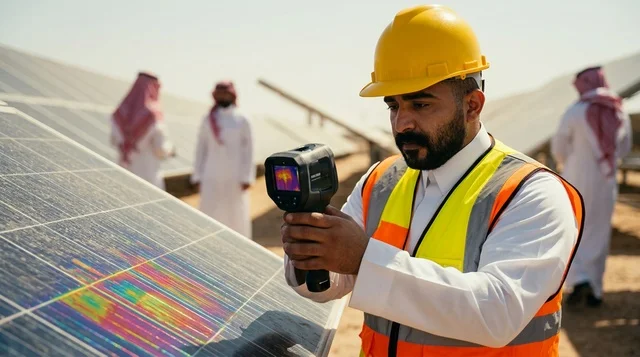 مهندس عربي يفحص ألواح الطاقة الشمسية بكاميرا حرارية