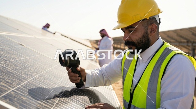 مهندس عربي يفحص ألواح الطاقة الشمسية بكاميرا حرارية