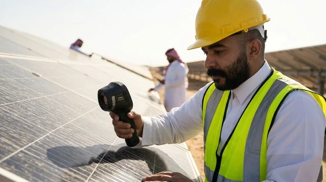 مهندس عربي يفحص ألواح الطاقة الشمسية بكاميرا حرارية