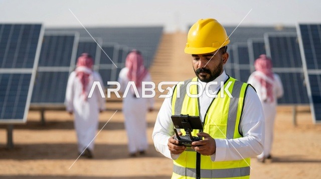 مهندس سعودي في محطة ألواح الطاقة الشمسية يفحص الموقع