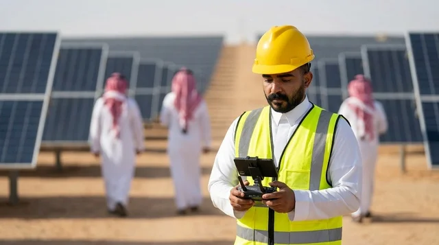 مهندس سعودي في محطة ألواح الطاقة الشمسية يفحص الموقع