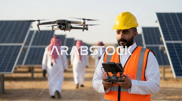 مهندس سعودي يشغل طائرة درون في محطة ألواح الطاقة الشمسية