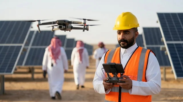 مهندس سعودي يشغل طائرة درون في محطة ألواح الطاقة الشمسية