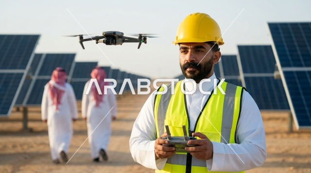 مهندس سعودي يشغل طائرة درون في حقل ألواح الطاقة الشمسية