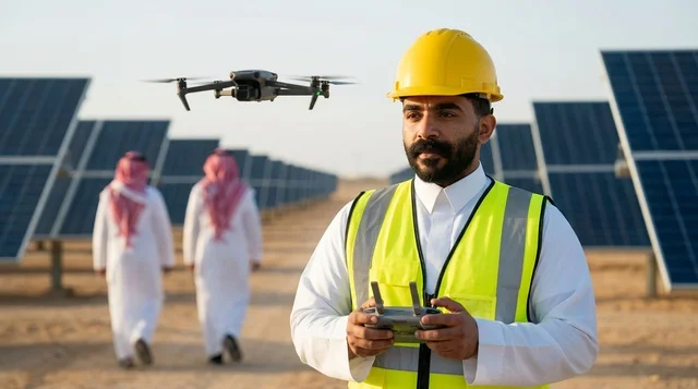 مهندس سعودي يشغل طائرة درون في حقل ألواح الطاقة الشمسية