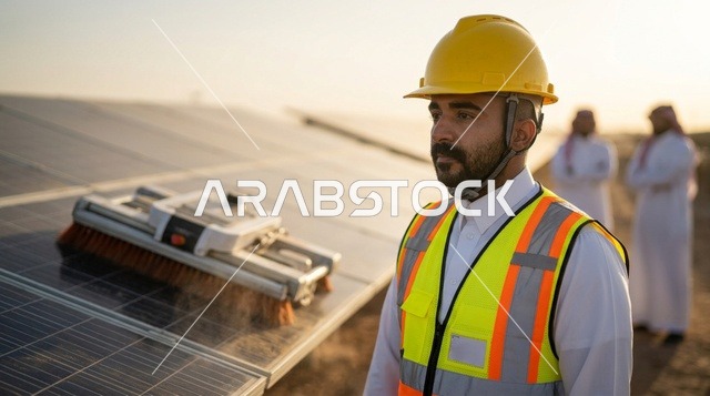 مهندس سعودي بجانب ألواح الطاقة الشمسية وقت الغروب