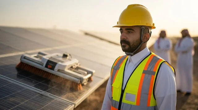 Saudi Engineer at Desert Solar Panel Farm at Sunset