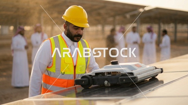 مهندس سعودي يعاين روبوت تنظيف ألواح الطاقة الشمسية