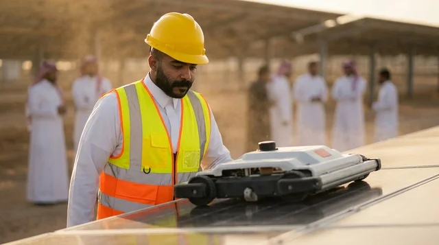 مهندس سعودي يعاين روبوت تنظيف ألواح الطاقة الشمسية