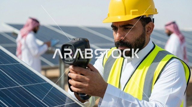 مهندس عربي يفحص ألواح الطاقة الشمسية بكاميرا حرارية
